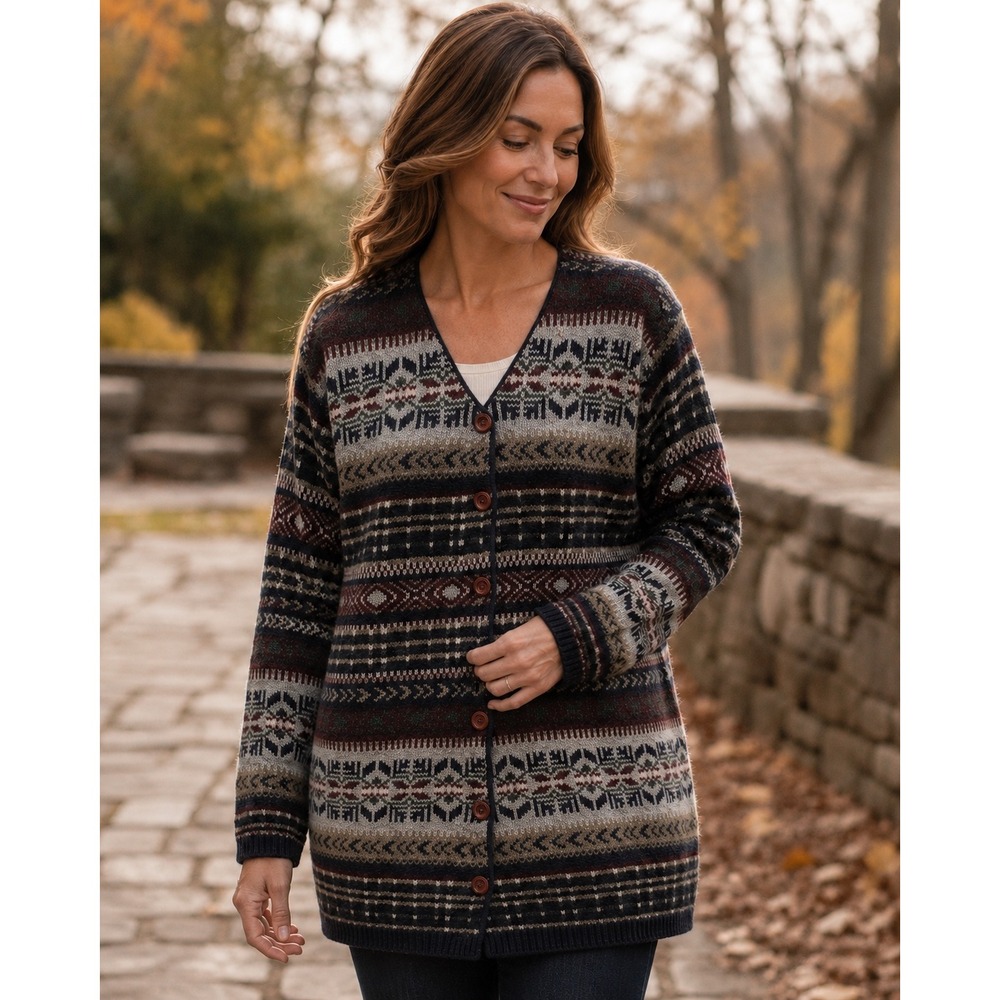 Merino Wool Fair Isle Cardigan Womens Button Front Nordic Sweater Jacket